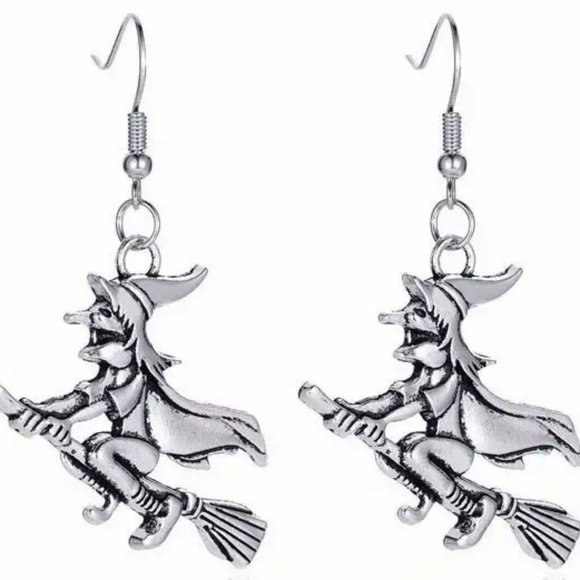 Witch Earrings Halloween Dangle Goth Flying Broom Costume Silver Party Whimsical - Picture 1 of 1